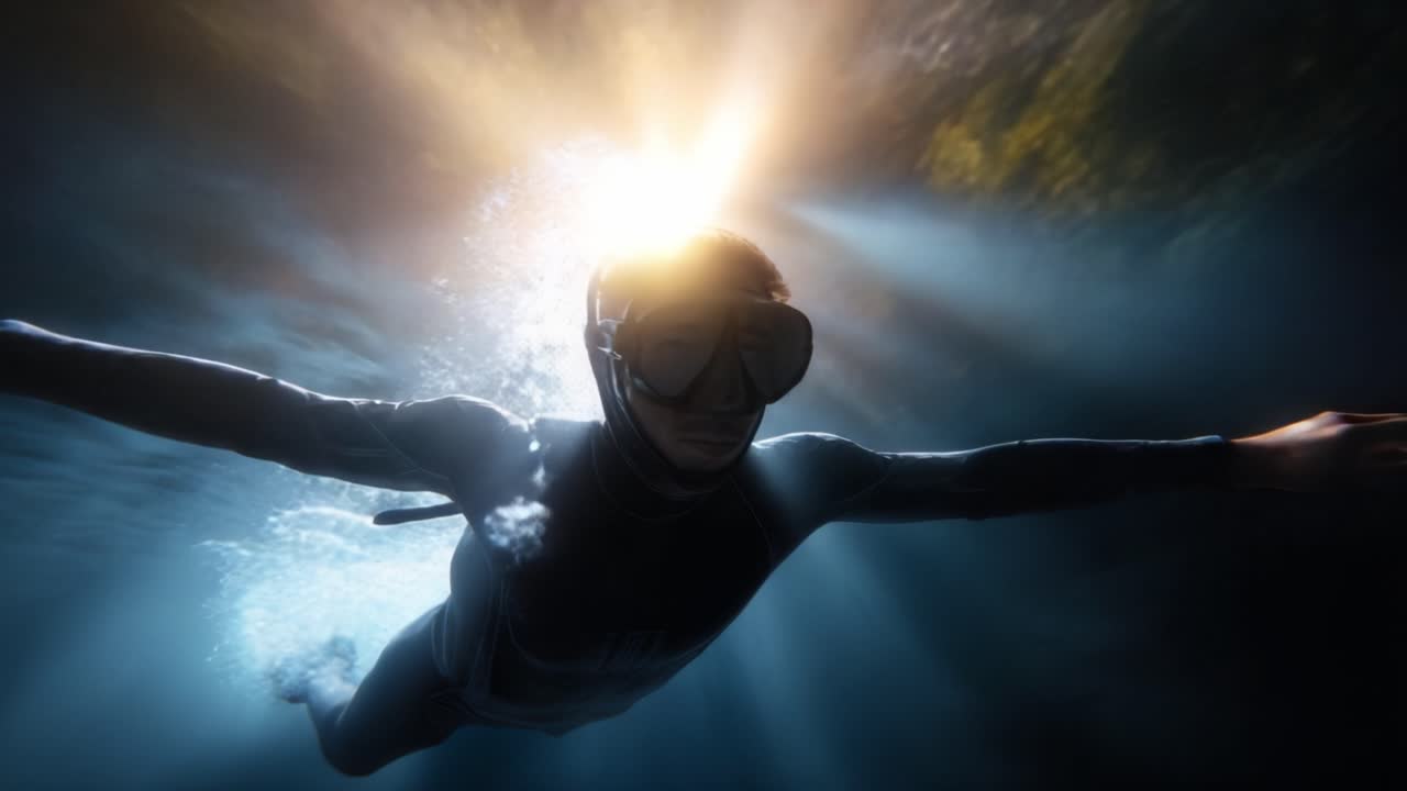 Una exploración submarina de vistas impresionantes, mostrando el viaje de un buzo a través de corrientes iluminadas por una luz etérea que se filtra desde la superficie del océano