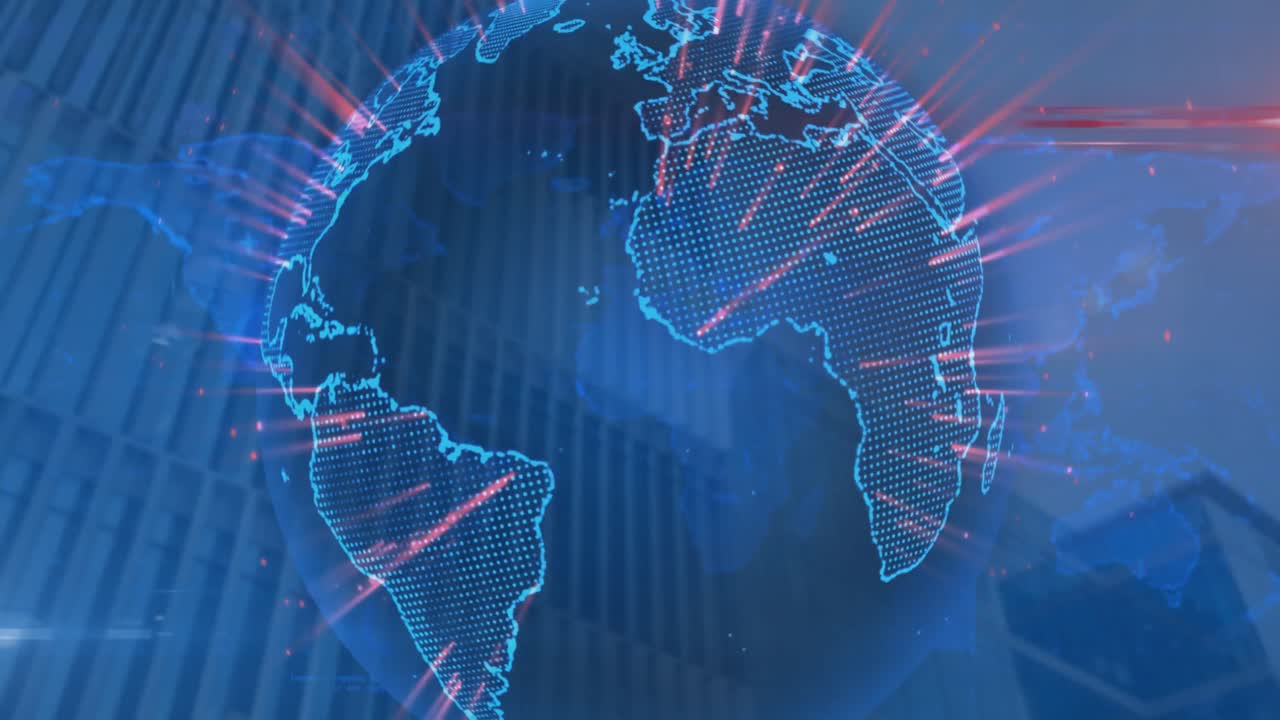 Animation of financial data processing, globe and world map over modern office building