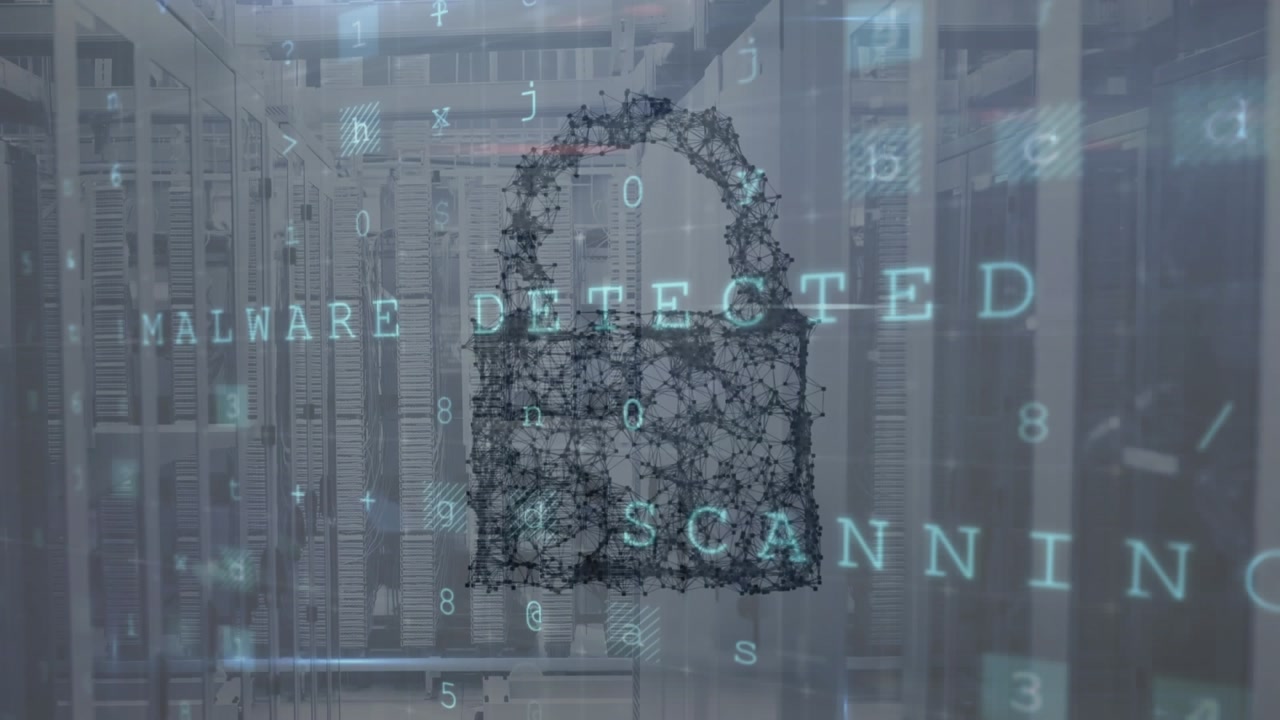 Animation of security padlock icon and cyber security data processing against computer server room