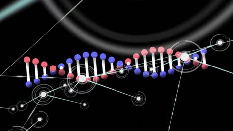 Animation-Des-Netzwerks-Von-Verbindungen-Mit-Symbolen-über-DNA-Strang-Auf-Schwarzem-Hintergrund