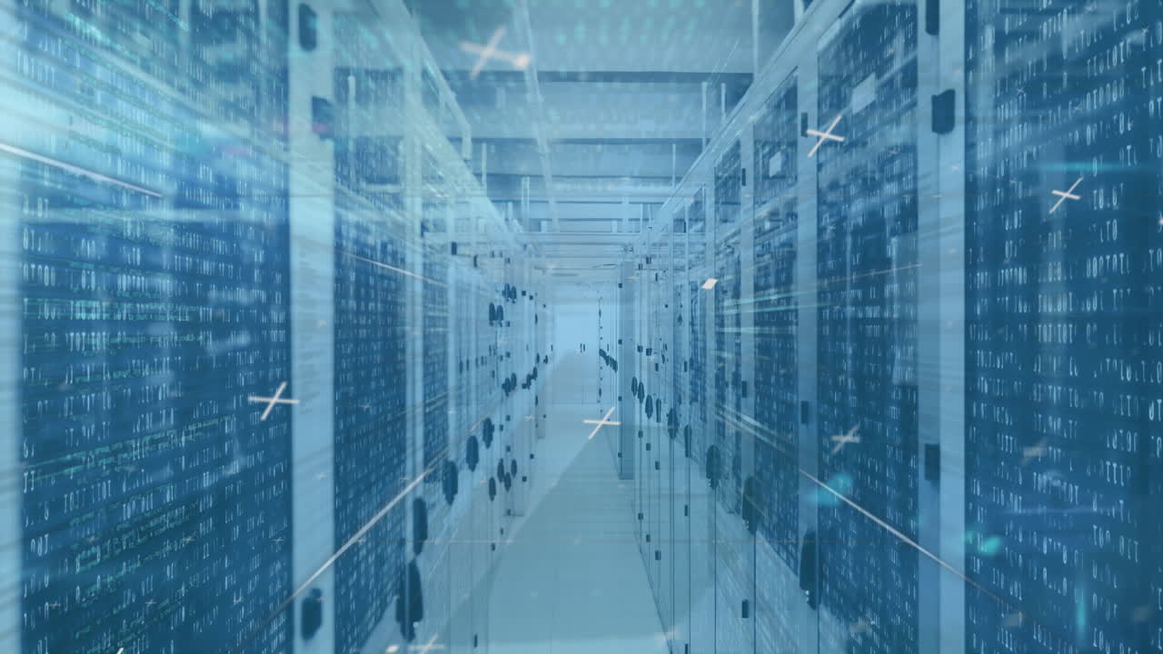 데이터 처리 및 컴퓨터 서버를 이동하는 마커의 애니메이션