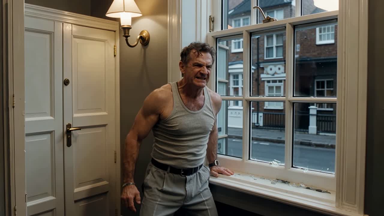 Muscular man stands by window