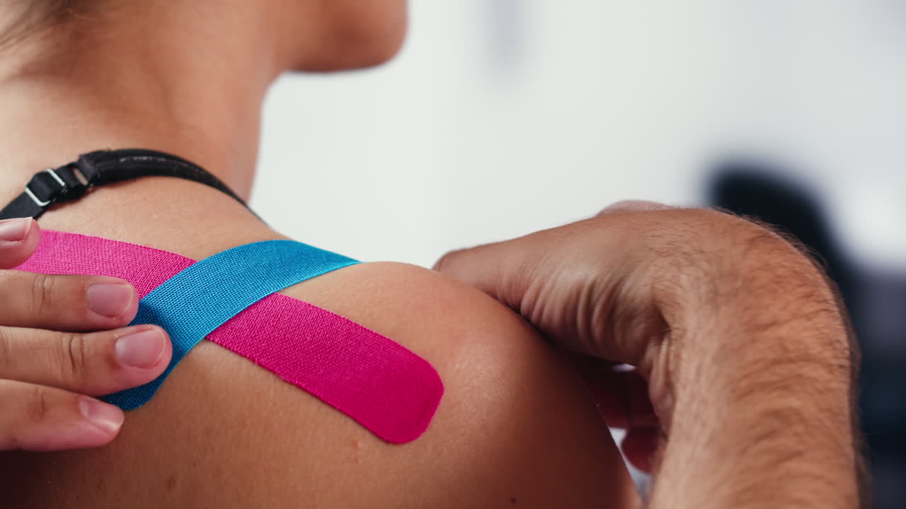 Kinesiology medical taping, doctor Physical therapist applying elastic surgical tape to patient body, treating injured knee young athlete.Post traumatic rehabilitation, sport physical therapy recovery
