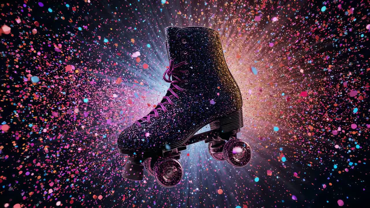 Revealing sparkly quad skate, halo brightening spotlighting confetti radiating in studio reveal