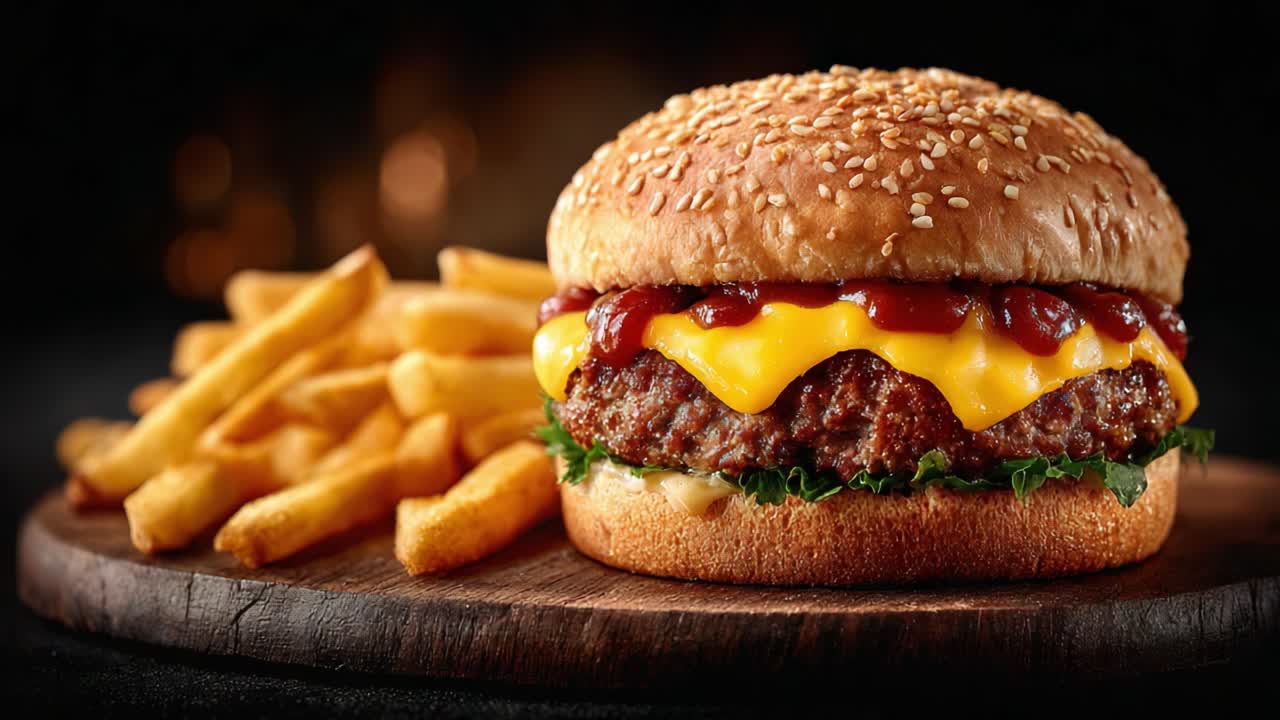 Delizioso hamburger al formaggio con patatine fritte croccanti: una delizia culinaria appetitosa con panino ai semi di sesamo e condimenti saporiti per gli amanti del fast food
