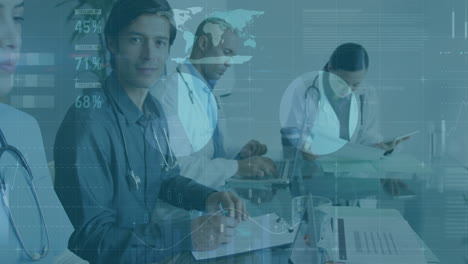 medical data analysis animation over doctors working at conference table