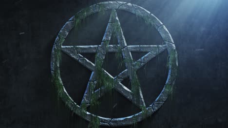 high quality dramatic motion graphic of a satanic pentacle icon symbol, rapidly eroding and cracking and sprouting moss and weeds, with atmospheric light rays and dust motes