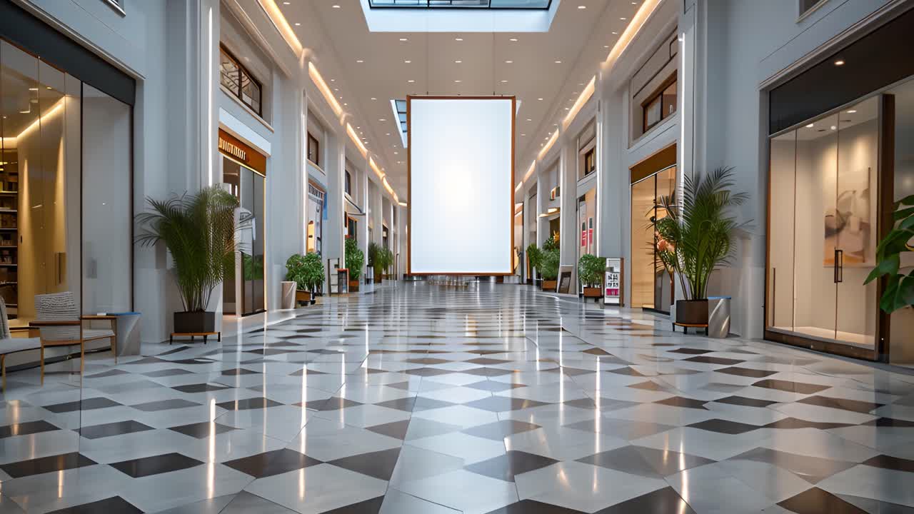 Empty Modern Shopping Mall Corridor with Large Blank Billboard