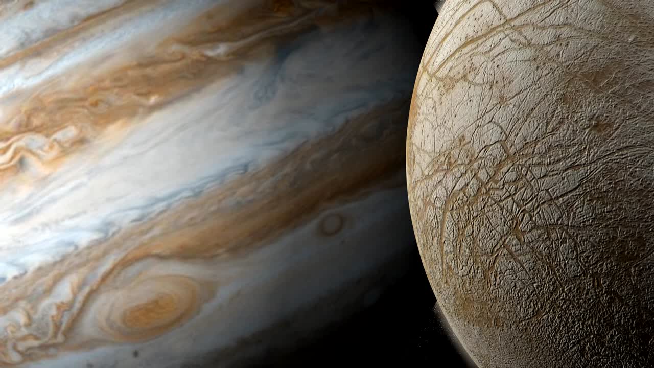 satélite europa y el planeta júpiter en rotación en el espacio exterior