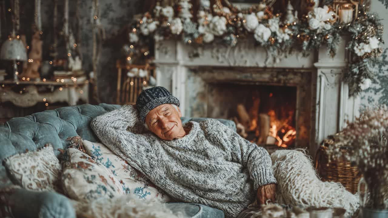 A Cozy Winter Scene Featuring an Elderly Individual Relaxing by the Fireplace in a Beautifully Decorated Living Room Full of Warmth and Charm