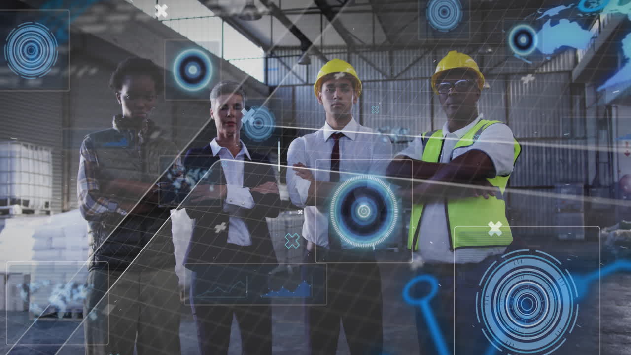 Engineers in hard hats standing with digital data processing animation overlay