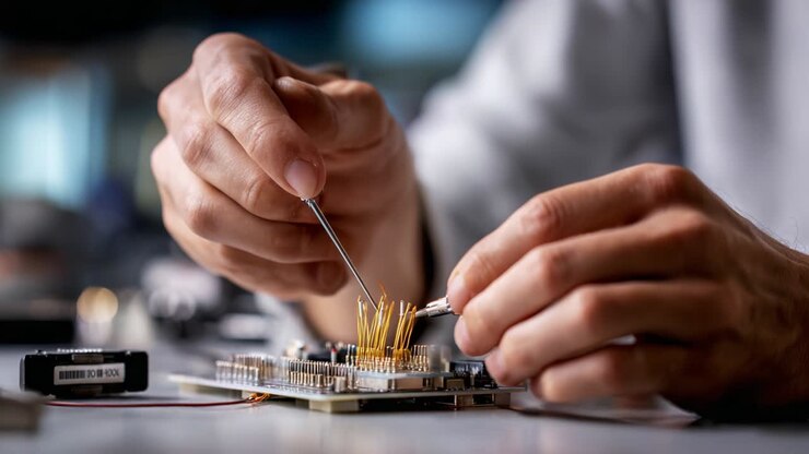 Un tecnico specializzato assembla con cura componenti elettronici su un circuito stampato, utilizzando strumenti di precisione per connessioni complesse e garantendo prestazioni di alta qualità nelle moderne applicazioni tecnologiche
