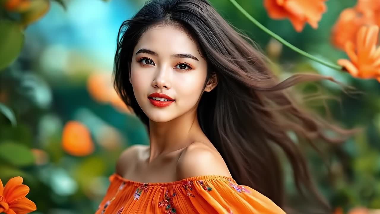 오렌지 드레스를 입고 오렌지 꽃 앞에 서있는 여자