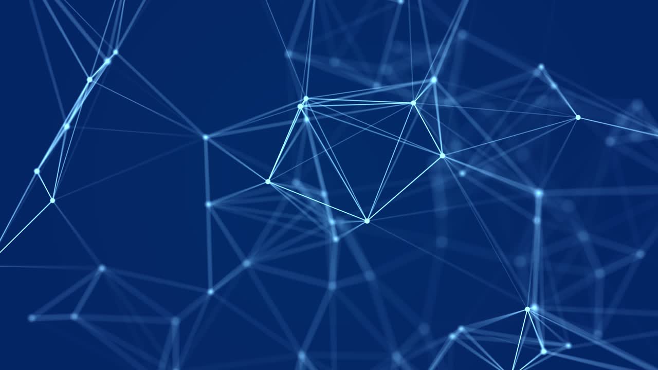 Distribution of lines and points in space. Digital background of data network connection. 3D rendering. Seamless loop.