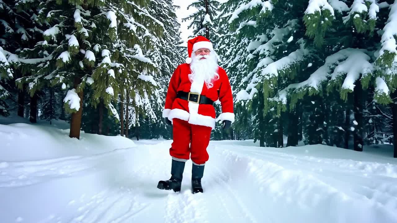 산타클로스가 눈 인 숲을 걸어가고 있다