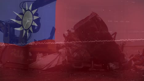 Animation-of-waving-taiwan-flag-against-hydraulic-lifting-machine-at-junkyard