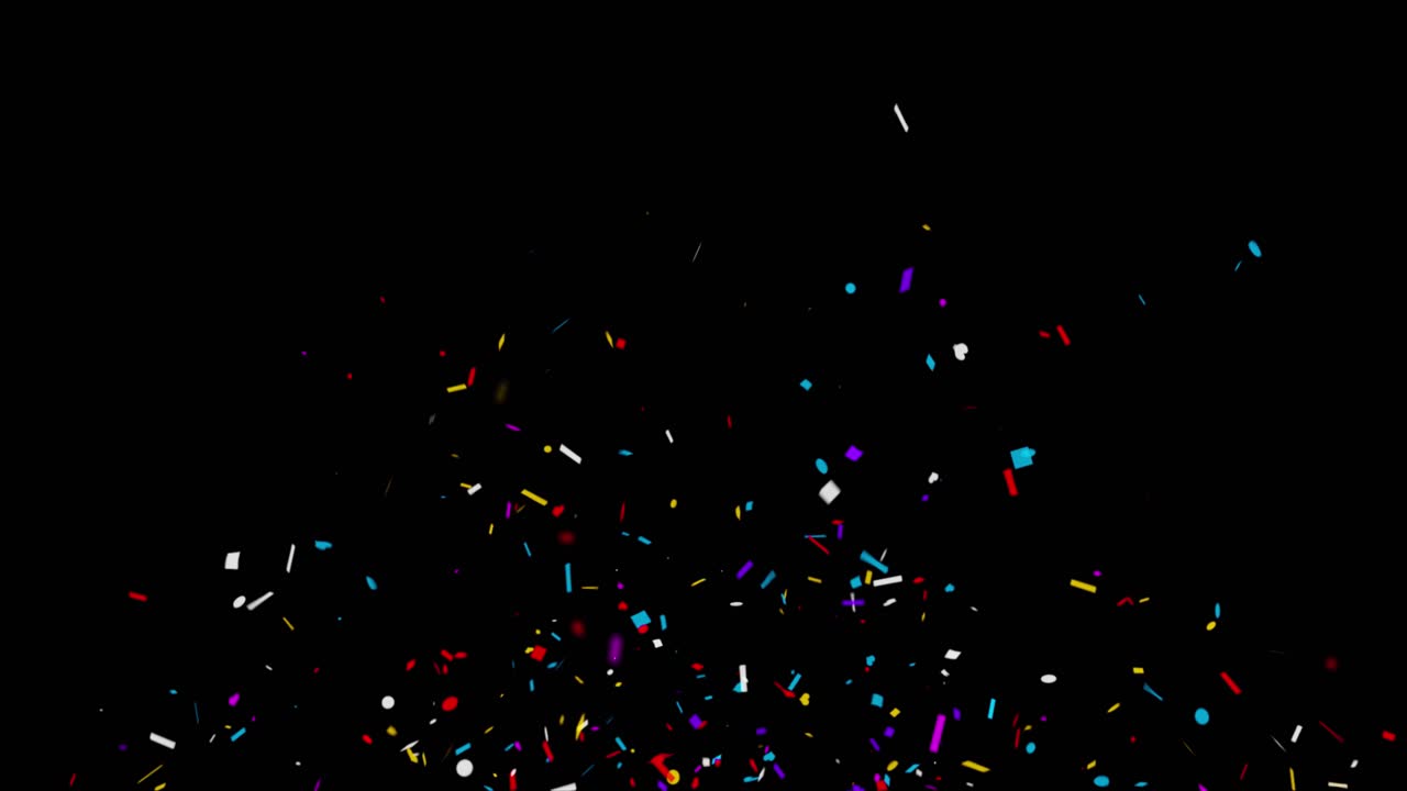 Animazione 4K di particelle di coriandoli colorati isolate, esplosioni di popper in caduta, canale alfa