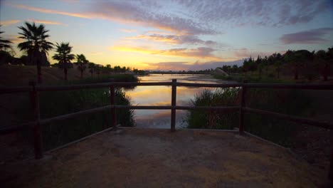 Reveal-Of-Lake-From-Behind-pond-in-sunset