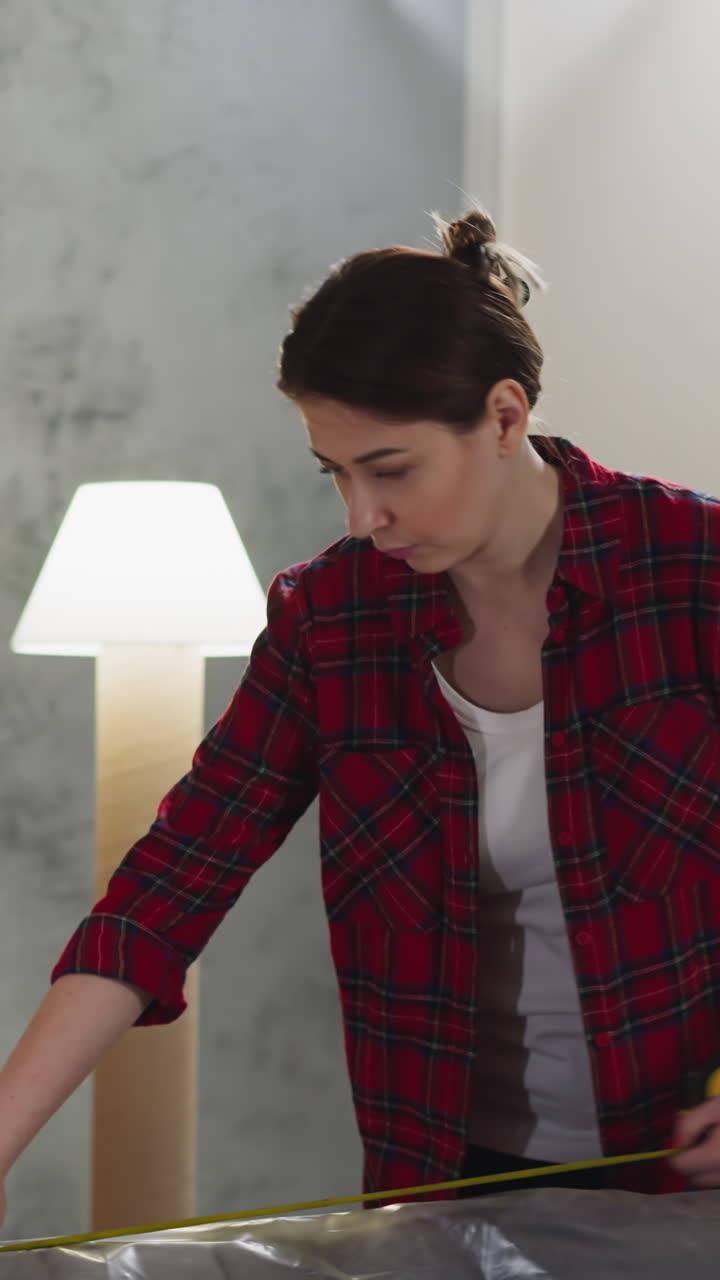 Thoughtful woman measures sofa covered with foil using retractable tape in renovated room. Lady checks furniture length. House reconstruction