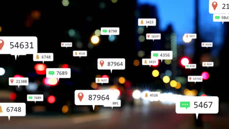 animación de iconos de redes sociales y números fuera de foco de la ciudad y las luces de los coches