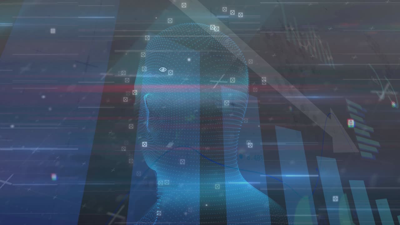 Animation of data processing with markers and statistics over glowing human head