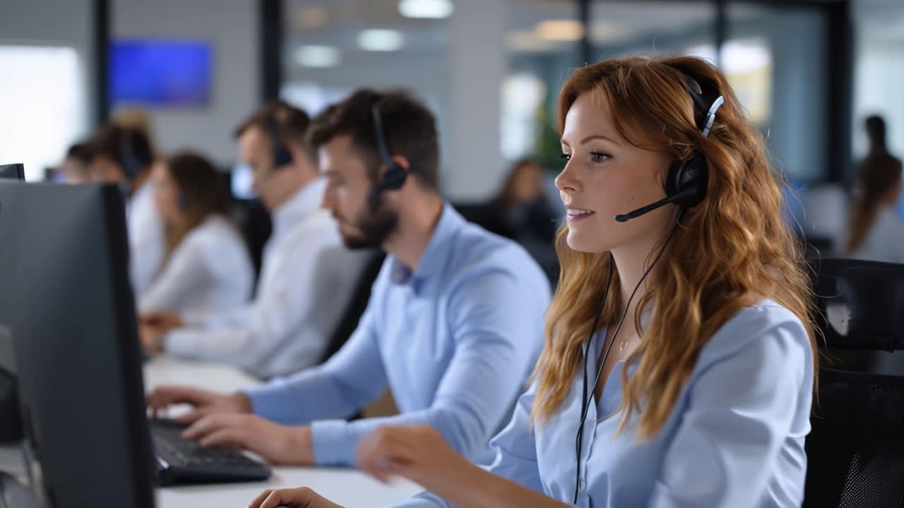 Agente concentrato indossa cuffie e digita alla scrivania. I colleghi sono seduti nelle vicinanze, impegnati nel lavoro. Stanza luminosa, linee pulite, allestimento ufficio moderno. Scena di call center affollato, professionisti al lavoro.