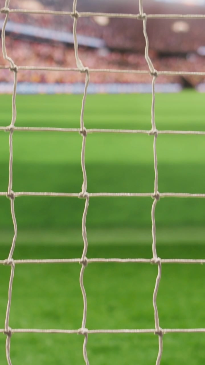Vertical Video Selective focus of side post with net of rope and knots on stadium pitch