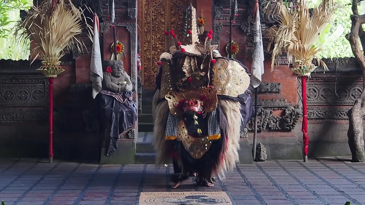 Bali, Ubud. Traditionell balinesisk Barongdans, mytiska lejonet är på scenen och dansar, hoppar och snurrar runt sig själv. Färgglad och glänsande kostym, iögonfallande.