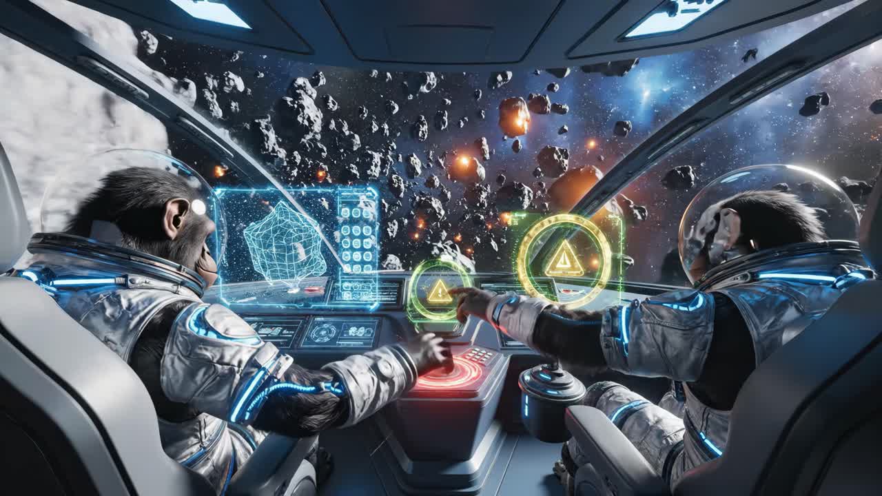 Chimpanzee Astronauts Navigating Asteroid Field in Futuristic Spaceship