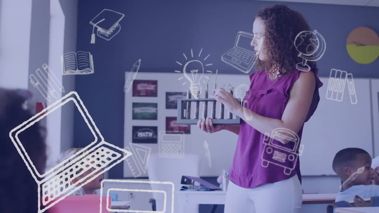 animación de objetos escolares iconos más feliz diversa maestra con los estudiantes en el laboratorio