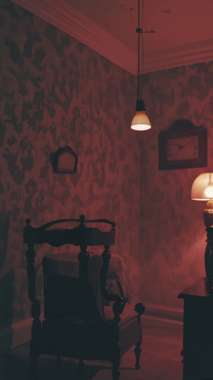 Crimson illumination bathing vintage furnishings, shadowy wallpaper pattern emerging through subdued red lighting, evoking haunting ambiance