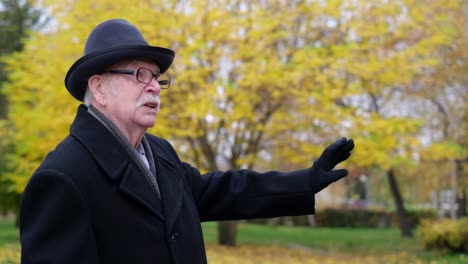 elderly man in hat and coat in autumn park