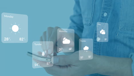 animation of weather forecast overhands of caucasian man using smartphone