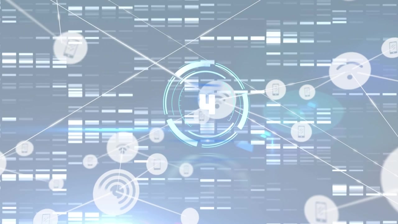 Animation of network of connections with icons and scope scanning on green background
