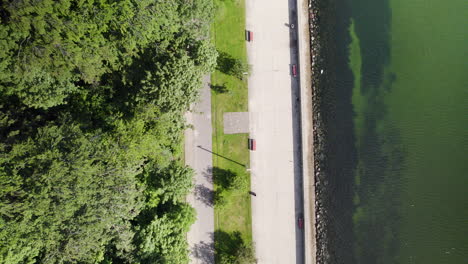 descending aerial top down shot of forest park, coastal path and baltic sea water in poland