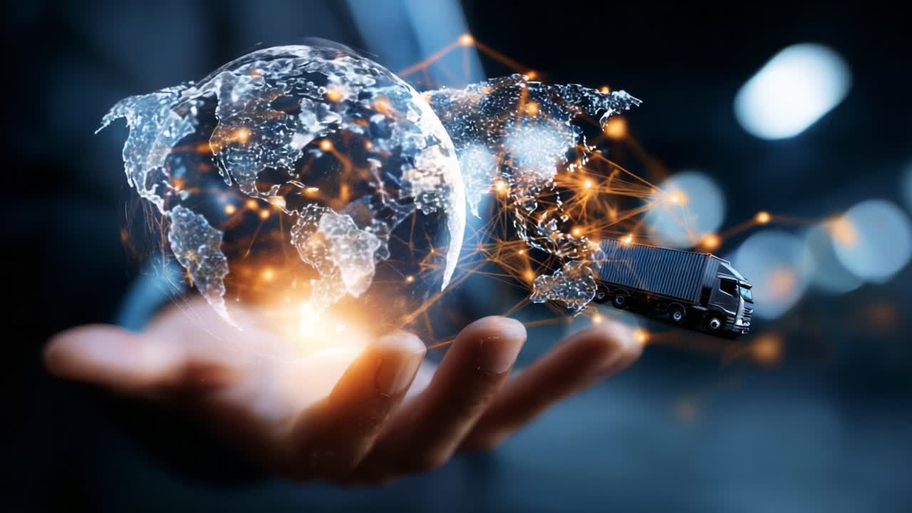 Exploring the Intersection of Technology and Logistics: A Hand Holding a Digital Globe Connected by Networks, Symbolizing the Future of Transportation and Communication