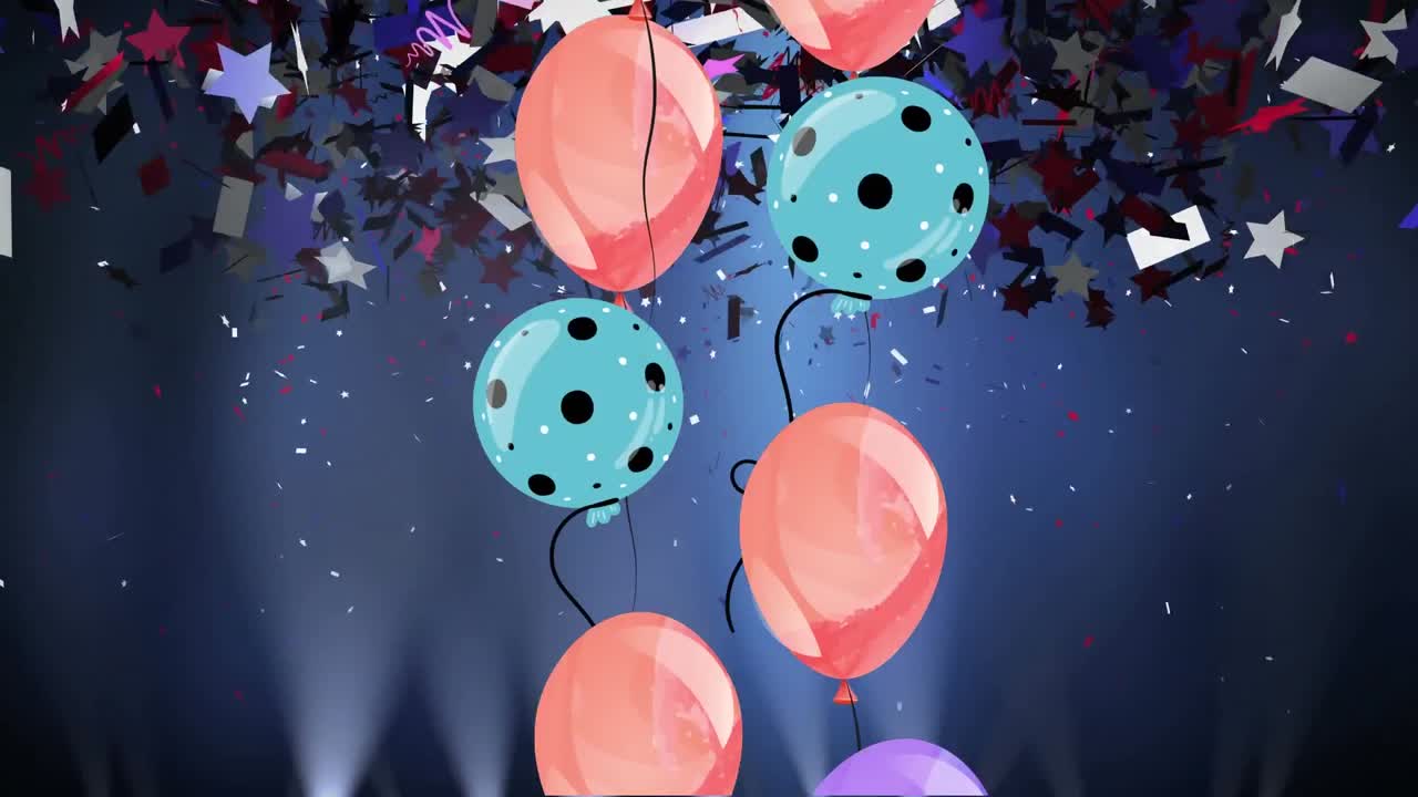 animación de globos coloridos que vuelan y caen confeti sobre un fondo azul