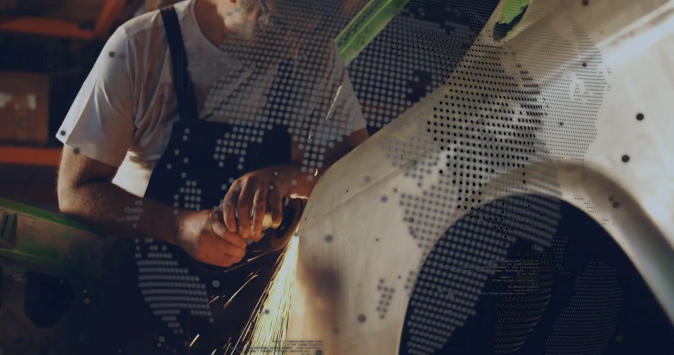Technician grinding auto panel starting grinder smoothing contour sparks flying dotted map sweeping