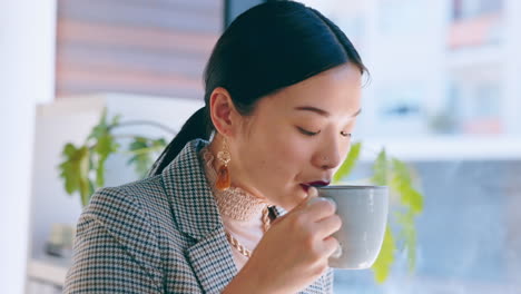 asian woman, coffee and thinking at window