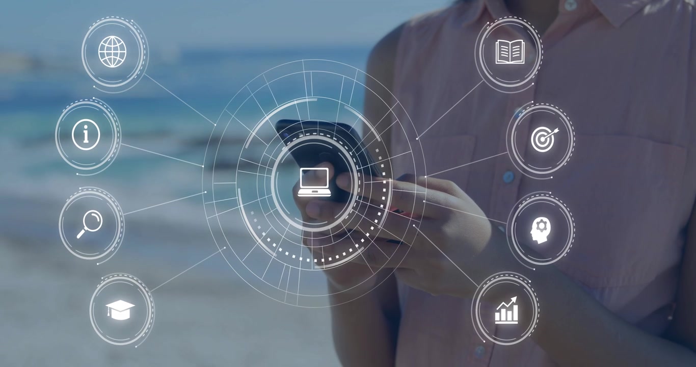 Woman tapping smartphone, updating ring fill in transparent edtech interface rotating over beach