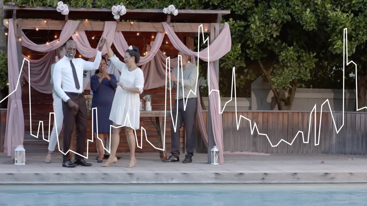 Officiant speaking and holding hands, guiding couple exchanging rings, celebrating wedding by pool