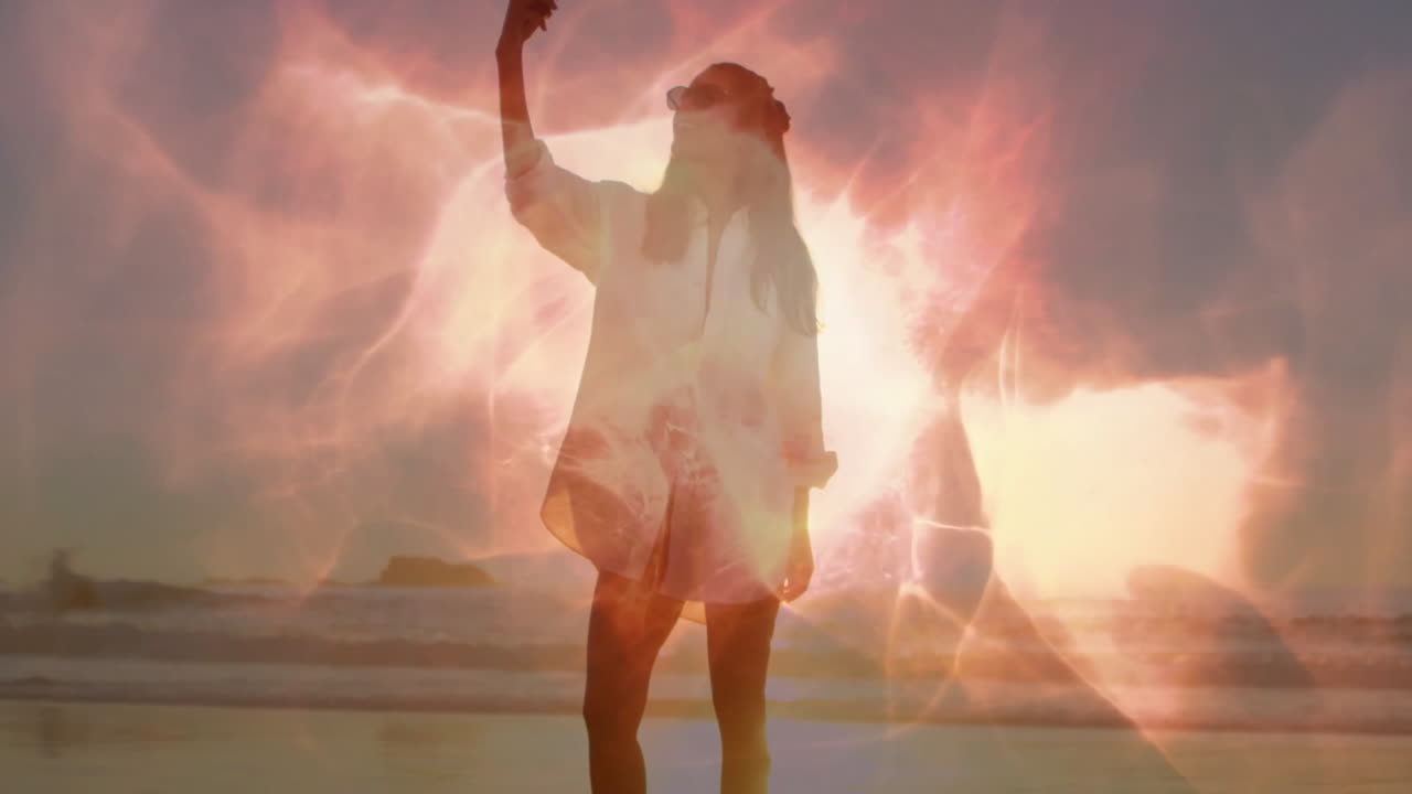 Taking selfie over vibrant light pattern, silhouette person at beach animation