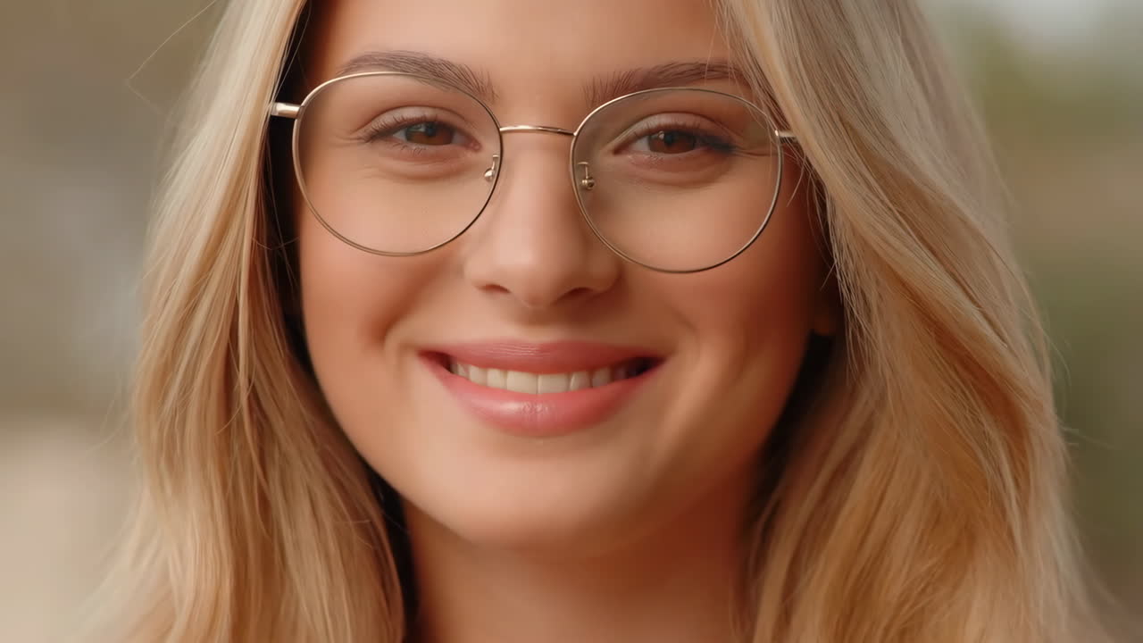 Close-up portrait of a smiling young woman with glasses