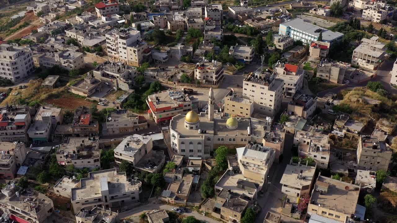 Aerial View of a Middle Eastern Town with a Prominent Mosque