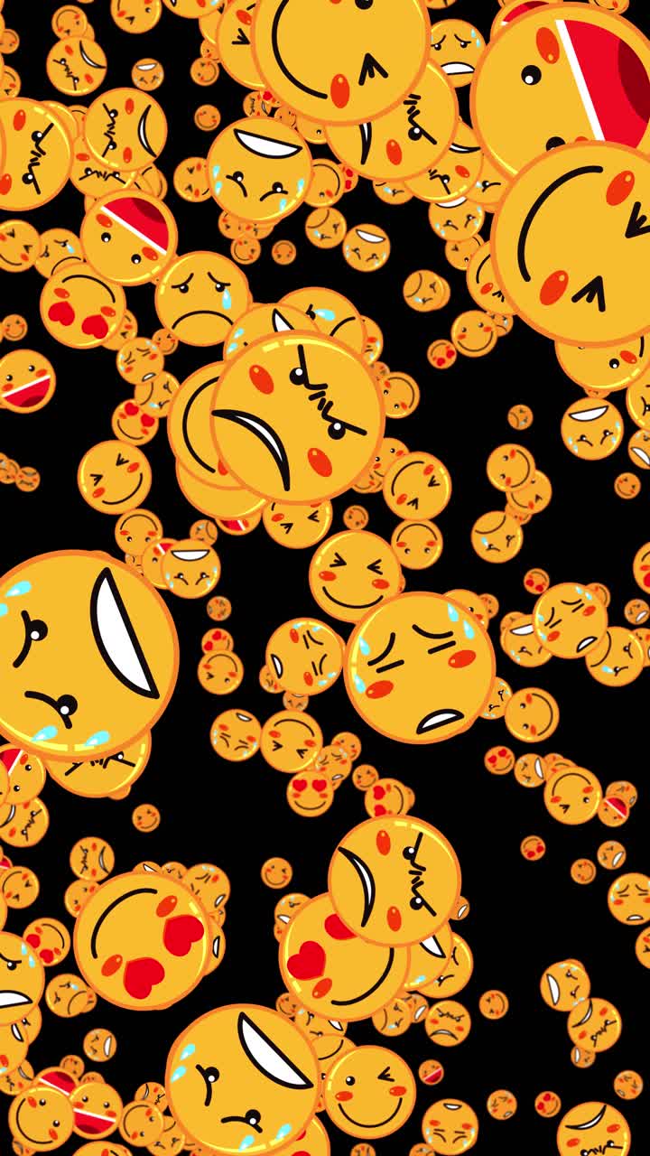 Diverse faccine emoji gialle cadono continuamente su uno sfondo nero in questa grafica in movimento verticale
