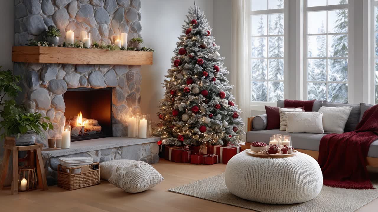 Cozy Winter Living Room Decorated for the Holidays with a Festive Christmas Tree, Glowing Fireplace, and Warm, Inviting Atmosphere for Family Gatherings