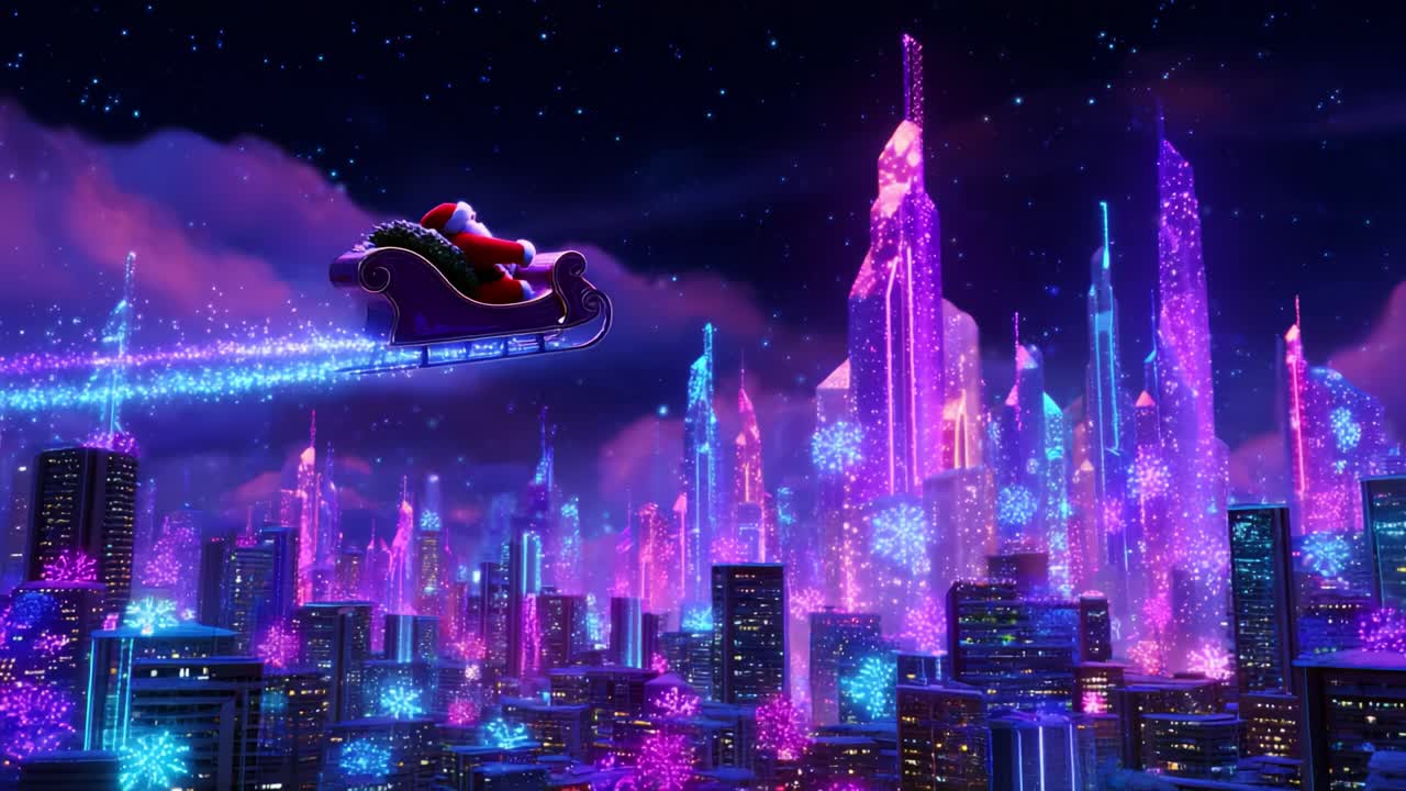 A Festive Nightscape Featuring a Whimsical Santa Claus Flying Through a Colorful, Sparkling City Skyline with Glittering Fireworks and Neon Lights in a Magical Winter Wonderland