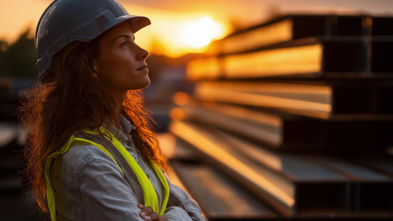 A dedicated construction worker reflects on her achievements and the day's work at sunset, surrounded by steel beams, showcasing the resilience and determination of women in the construction industry