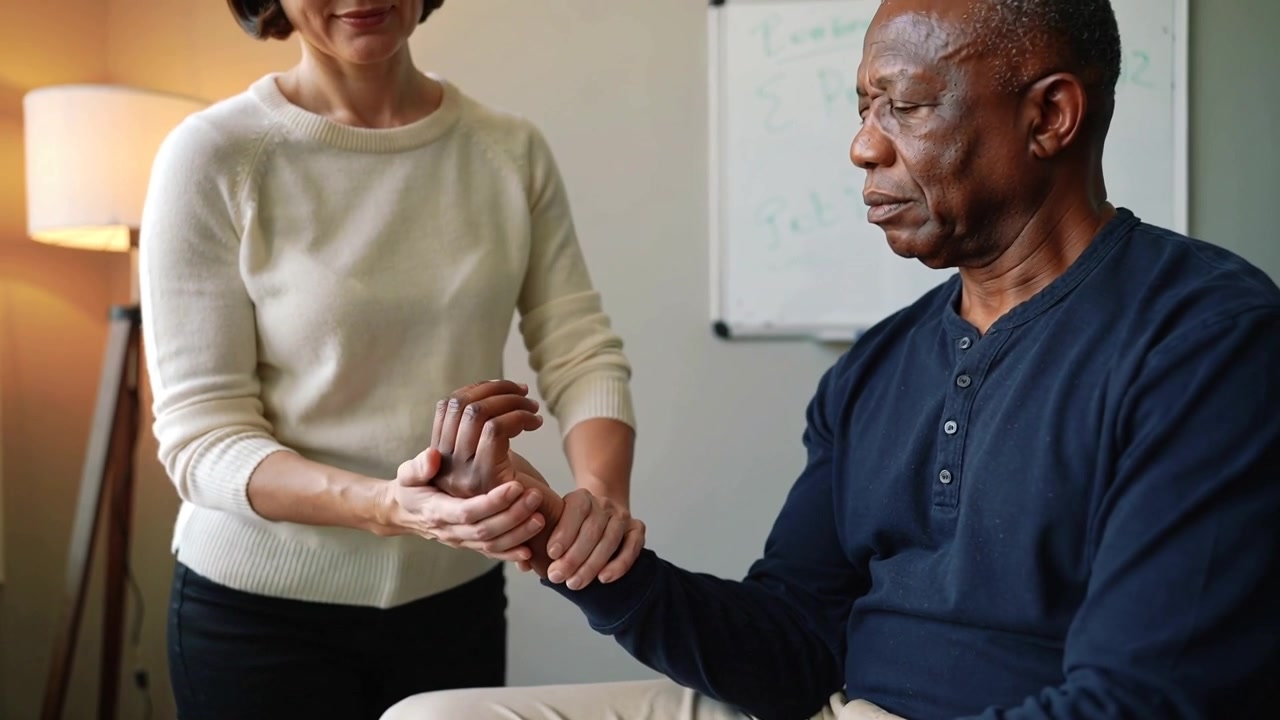 Placing hands, therapist in cream sweater rotating and flexing man's wrist for rehab in clinic