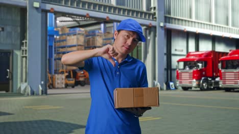 unsatisfied asian male courier in blue uniform showing thumbs down gesture while delivering a carton, outside of logistics distributions warehouse